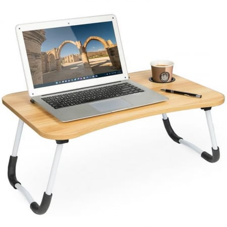 Masa Pliabila MultiFunctionala VarioShop®, Pentru Laptop sau Mic-Dejun la Pat, Suport pentru Tableta/Telefon/Pahar, Dimensiune 28 x 60 x 40cm, Bej [10]