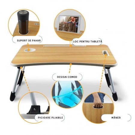 Masa Pliabila MultiFunctionala VarioShop®, Pentru Laptop sau Mic-Dejun la Pat, Suport pentru Tableta/Telefon/Pahar, Dimensiune 28 x 60 x 40cm, Bej [3]
