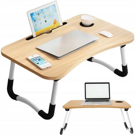 Masa Pliabila MultiFunctionala VarioShop®, Pentru Laptop sau Mic-Dejun la Pat, Suport pentru Tableta/Telefon/Pahar, Dimensiune 28 x 60 x 40cm, Bej [11]