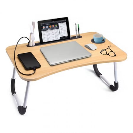 Masa Pliabila MultiFunctionala VarioShop®, Pentru Laptop sau Mic-Dejun la Pat, Suport pentru Tableta/Telefon/Pahar, Dimensiune 28 x 60 x 40cm, Bej [13]
