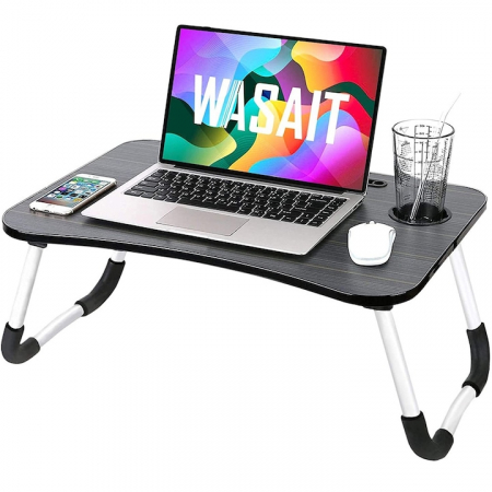 Sport & Travel - Masa Pliabila MultiFunctionala VarioShop®, Pentru Laptop sau Mic-Dejun la Pat, Suport pentru Tableta/Telefon/Pahar, Dimensiune 28 x 60 x 40cm, Negru