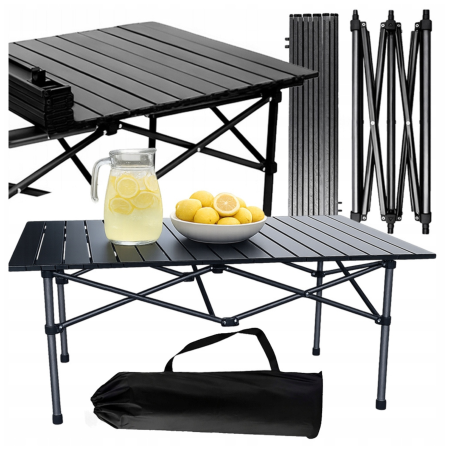 Scaune, mese si umbrele camping - Masa turistica pliabila, cu cadru din aluminiu si geanta de transport Varioshop, impermeabila, pentru camping, gradina si calatorii, cu picioare antiderapante , 118x55x50 cm, neagra