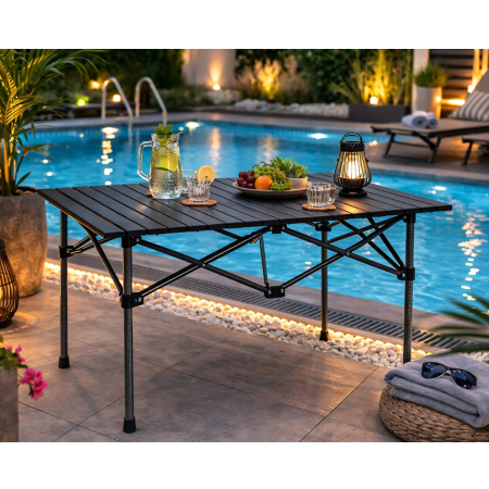 Scaune, mese si umbrele camping - Masa turistica pliabila, cu cadru din aluminiu si geanta de transport Varioshop, impermeabila, pentru camping, gradina si calatorii, cu picioare antiderapante , 118x55x50 cm, neagra