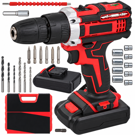 Seturi si accesorii pentru gaurit si insurubat - Masina de gaurit si insurubat cu percutie VarioShop®, 21V, 30 Nm, 2 acumulatori 1,5Ah, 2 trepte de viteza, revers, mandrina rapida 10 mm, nivel cu bula, burghie, biti, chei tubulare si valiza