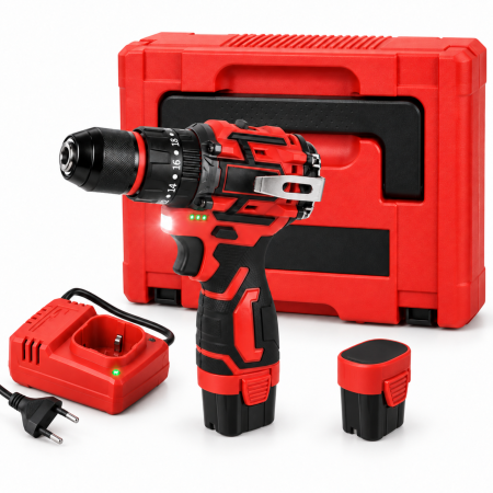 Seturi si accesorii pentru gaurit si insurubat - Masina de gaurit si insurubat VarioShop®, bormasina brushless cu percutie, 2 acumulatori 16,8V, cuplu 50Nm, geanta de transport, rosu/negru