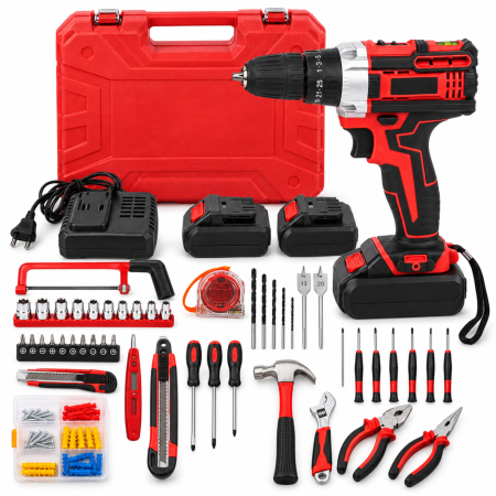 Seturi si accesorii pentru gaurit si insurubat - Masina de gaurit si insurubat VarioShop®, cu percutie, 2 baterii Li-Ion 21V, burghie, biti, unelte manuale si geanta de transport, rosu/negru