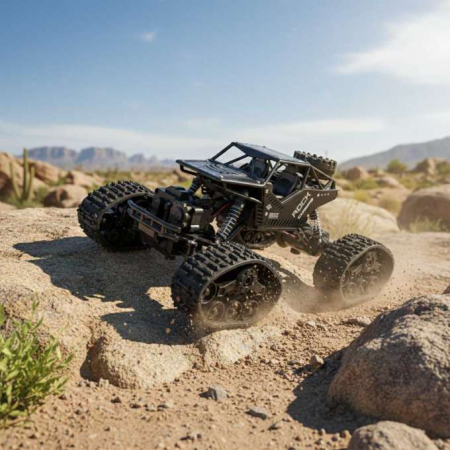 Mașini cu telecomandă - Mașină RC Rock Crawler 4x4 2-în-1, Scară 1:16 – Mașină Telecomandată Off-Road cu Roți și Șenile, 2.4GHz, 20 km/h, Multicolor, 30×18×14 cm