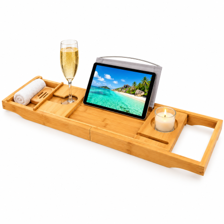 Masuta extensibila pentru cada VarioShop®, din bambus, cu suport pentru carte, tableta, lungime reglabila 75–112 cm, crem