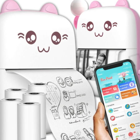 Jucarii interactive copii - Mini imprimanta termica VarioShop®, Bluetooth, Compatibil iOS/Android, Imprimare APP, 1200 mAh, rola termica inclusa, model pisicuta cu urechiuse roze, 11 x 8 x 4 cm, Roz