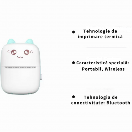 Mini imprimanta termica VarioShop®, cu 15 role hartie termica, 5 carioci, Bluetooth, Compatibil iOS/Android, Imprimare APP, 1200 mAh, model pisicuta cu urechiuse albastre, 11x8x4 cm Alb/albastru [20]
