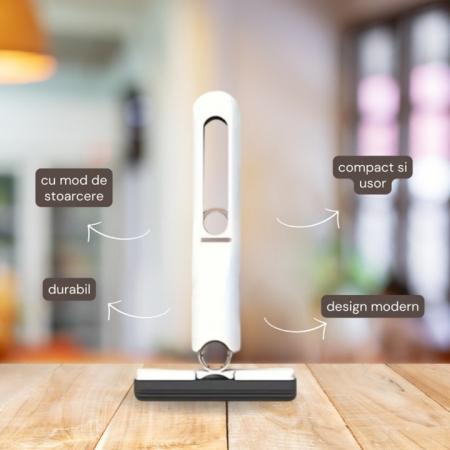 Mini Mop Portabil VarioShop®, pentru Curatarea Suprafetelor si a Geamurilor, Sistem de Storcere a Buretelui, Usor de Folosit, pentru Casa, Birou, Rotativ, Dimensiune 29 x 14.5 cm, Alb [10]