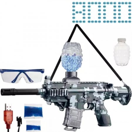 Arme de jucarie - Mitraliera Automata de Jucarie VarioShop®, cu 8000 Bile din Gel, Ochelari de Protectie, Acumulator cu Incarcare USB, Incarcator Stil Grenada, Raza de Actiune 15 M, Gri