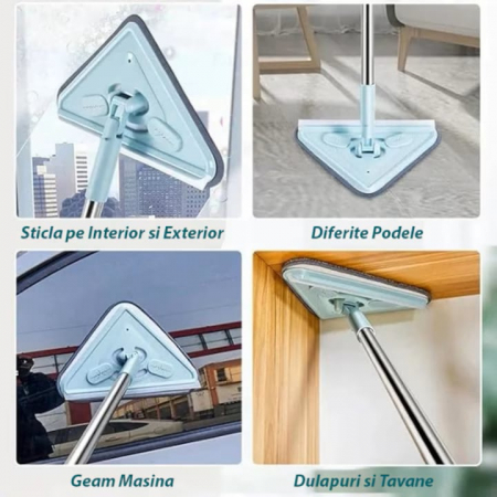 Mop cu Cap Triunghiular VarioShop®, Pliabil, Rotire 360 de Grade, Laveta Microfibra, Prevazut cu Racleta, Maner Reglabil 61 - 91cm, Verde [5]