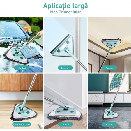 Mop cu Cap Triunghiular VarioShop®, Pliabil, Rotire 360 de Grade, Laveta Microfibra, Prevazut cu Racleta, Maner Reglabil 61 - 91cm, Verde [2]