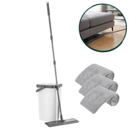 Maturi, Mopuri si galeti - Mop plat cu galeata VarioShop®, pentru curatarea podelelor, sistem cu doua compartimente apa curata/murdara, capacitate 11L, 3 rezerve incluse, alb/negru