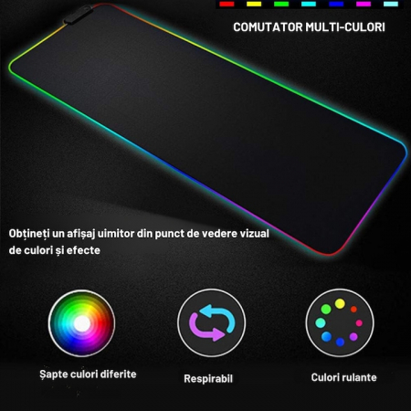 Mousepad de gaming VarioShop® cu iluminare LED, Confectionat din material flexibil, antiaderent si rezistent la umiditate, 4 module de iluminat, 7 culori, Cablu de aprox. 180 cm, Calitate premium, Dim [2]