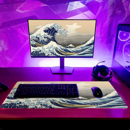 MousePad Gaming Profesional VarioShop®, Cauciucat, Anti-Derapant, Cusaturi Anti-Rupere, Viteza de Alunecare Marita, Model Tsunami, 90x40cm [15]