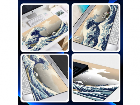 MousePad Gaming Profesional VarioShop®, Cauciucat, Anti-Derapant, Cusaturi Anti-Rupere, Viteza de Alunecare Marita, Model Tsunami, 90x40cm [20]