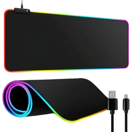 Mousepad gaming XXL VarioShop®, pentru tastatura si mouse, iluminare LED multicolora, alimentare USB, 90 x 40 x 0,4 cm, negru