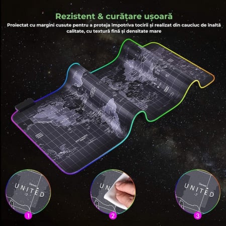 Mousepad Mare Cauciucat VarioShop®, cu Iluminare LED RGB, Pentru Gaming, Birou, Office, Antiderapant, Rezistent la Apa, Cusaturi Anti-Rupere, model Harta Lumii, 90 x 40 cm, Negru [4]