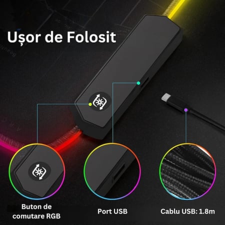 Mousepad Mare Cauciucat VarioShop®, cu Iluminare LED RGB, Pentru Gaming, Birou, Office, Antiderapant, Rezistent la Apa, Cusaturi Anti-Rupere, model Harta Lumii, 90 x 40 cm, Negru [5]