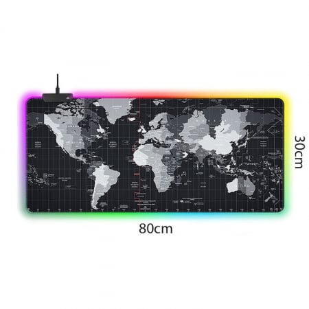 Mousepad Mare Cauciucat VarioShop®, cu Iluminare LED RGB, Pentru Gaming, Birou, Office, Antiderapant, Rezistent la Apa, Cusaturi Anti-Rupere, model Harta Lumii, 80 x 30 cm, Negru [1]
