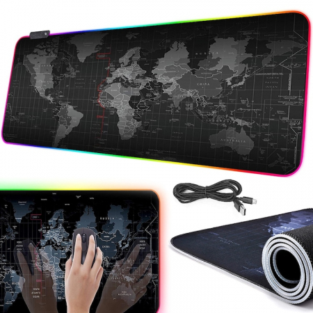 Mousepad Mare Cauciucat VarioShop®, cu Iluminare LED RGB, Pentru Gaming, Birou, Office, Antiderapant, Rezistent la Apa, Cusaturi Anti-Rupere, model Harta Lumii, 90 x 40 cm, Negru [17]