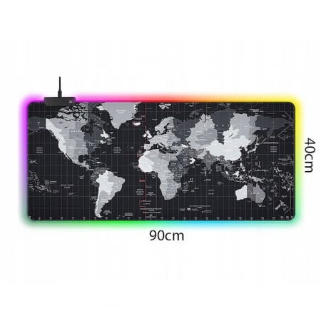 Mousepad Mare Cauciucat VarioShop®, cu Iluminare LED RGB, Pentru Gaming, Birou, Office, Antiderapant, Rezistent la Apa, Cusaturi Anti-Rupere, model Harta Lumii, 90 x 40 cm, Negru [1]