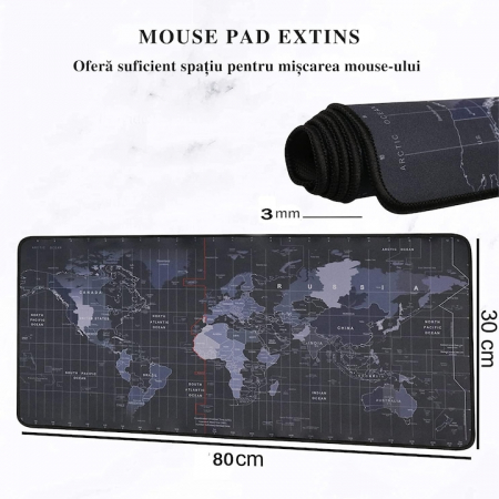 Mousepad Mare Cauciucat VarioShop®, Pentru Gaming, Birou, Office, Antiderapant, Rezistent la Apa, Cusaturi Anti-Rupere, model Harta Lumii, 80 x 30 cm, Negru [9]