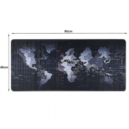 Mousepad Mare Cauciucat VarioShop®, Pentru Gaming, Birou, Office, Antiderapant, Rezistent la Apa, Cusaturi Anti-Rupere, model Harta Lumii, 90 x 40 cm, Negru [10]
