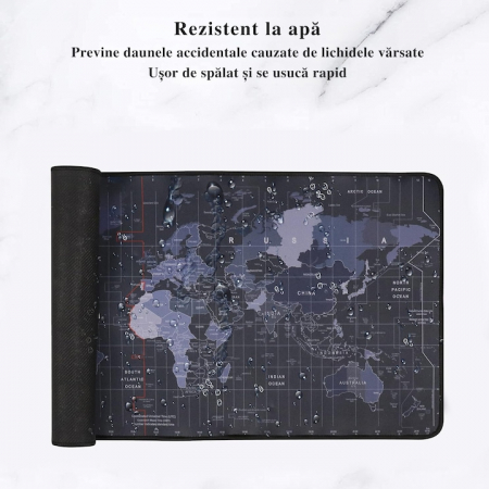 Mousepad Mare Cauciucat VarioShop®, Pentru Gaming, Birou, Office, Antiderapant, Rezistent la Apa, Cusaturi Anti-Rupere, model Harta Lumii, 90 x 40 cm, Negru [4]