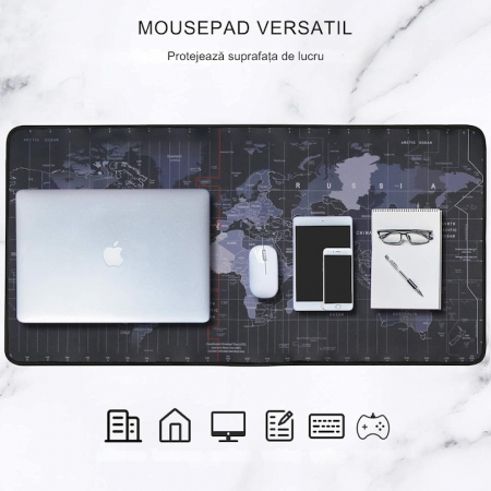 Mousepad - Mousepad Mare Cauciucat VarioShop®, Pentru Gaming, Birou, Office, Antiderapant, Rezistent la Apa, Cusaturi Anti-Rupere, model Harta Lumii, 90 x 40 cm, Negru