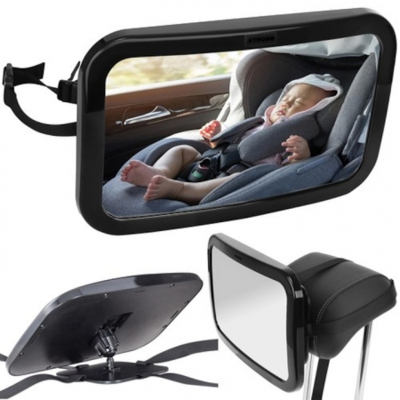 Accesorii transport copii - Oglinda auto supraveghere bebe VarioShop®, fixare tetiera, suport anti-alunecare, rotativa 360 grade, 30x18, 7cm, negru