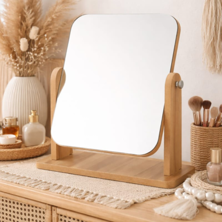 Organizare bijuterii, ceasuri & ochelari - Oglinda cosmetica dreptunghiulara VarioShop®, cu suport din lemn, reglabila, pentru machiaj si ingrijire, design modern, 25x22 cm