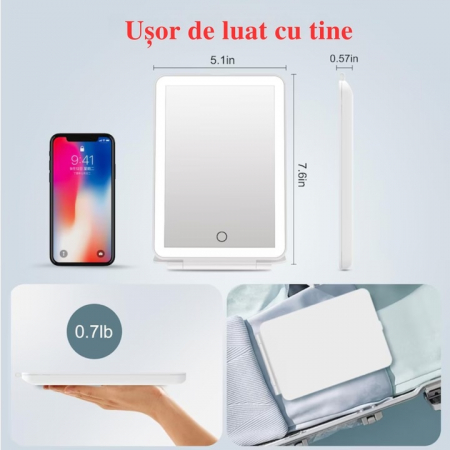 Oglinda Cosmetica VarioShop® cu Led pentru Machiaj, Usor de Transportat, Suport Stabil, Design Pliabil, Intensitate Reglabila, 3 Tipuri de Lumina, Rotire, cu Incarcator USB, 1000mAh, 20x13.5x1.5 cm, A [4]