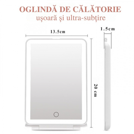 Oglinda Cosmetica VarioShop® cu Led pentru Machiaj, Usor de Transportat, Suport Stabil, Design Pliabil, Intensitate Reglabila, 3 Tipuri de Lumina, Rotire, cu Incarcator USB, 1000mAh, 20x13.5x1.5 cm, A [8]