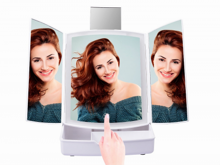 Oglinda cosmetica VarioShop® pentru machiaj cu iluminare LED, pliabila, oglinda cu marire de 5 ori, spatiu de depozitare, inalta calitate, 16.5x22.5 cm, alb [47]