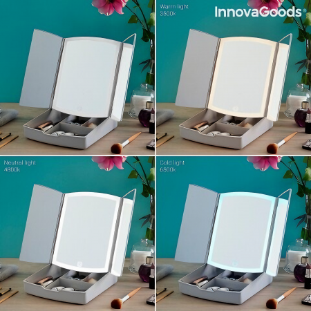 Oglinda cosmetica VarioShop® pentru machiaj cu iluminare LED, pliabila, oglinda cu marire de 5 ori, spatiu de depozitare, inalta calitate, 16.5x22.5 cm, alb [19]