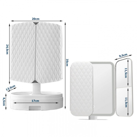 Oglinda LED VarioShop®, Lumina Calda/Neutra/Rece, Pliabila, Portabila, Unghi Inclinare Ajustabil, Compartimente pentru Depozitare, Suport cu Picior, Marire 2X/3 X, Alb [12]