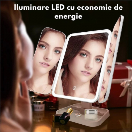 Oglinda LED VarioShop®, Lumina Calda/Neutra/Rece, Pliabila, Portabila, Unghi Inclinare Ajustabil, Compartimente pentru Depozitare, Suport cu Picior, Marire 2X/3 X, Alb [1]