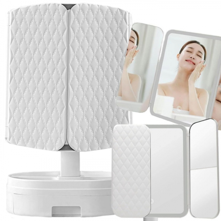 Machiaj - Oglinda LED VarioShop®, Lumina Calda/Neutra/Rece, Pliabila, Portabila, Unghi Inclinare Ajustabil, Compartimente pentru Depozitare, Suport cu Picior, Marire 2X/3 X, Alb