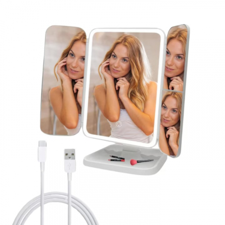 Oglinda LED VarioShop®, Lumina Calda/Neutra/Rece, Pliabila, Portabila, Unghi Inclinare Ajustabil, Compartimente pentru Depozitare, Suport cu Picior, Marire 2X/3 X, Alb [9]