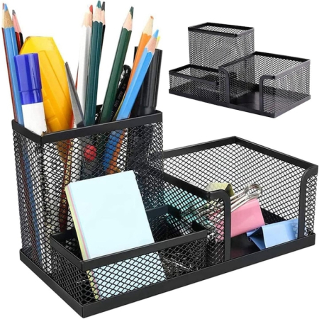 Suporturi articole birou - Organizator articole birou VarioShop®, 3 compartimente, spatios, design aerisit, material rezistent, metal, 20.5 x 10 cm, Negru