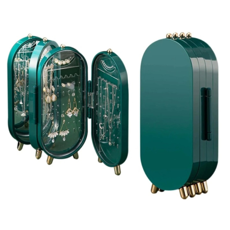 Organizator bijuterii VarioShop®, cutie spatioasa tip acordeon cu oglinda, design elegant, ideala pentru acasa sau cadou, 23 x 11 cm, Verde