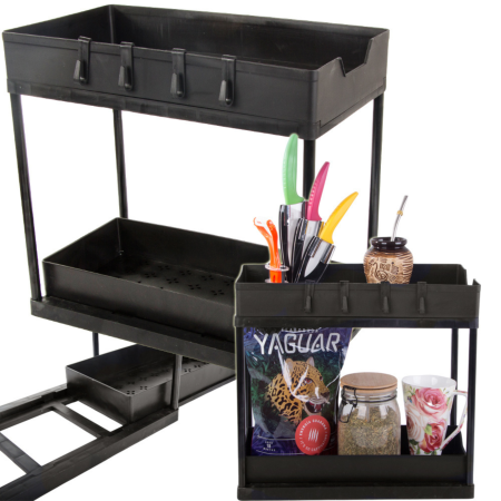 Bucatarie & Servire - Organizator bucatarie multifunctional VarioShop®, cu doua rafturi extensibile si carlige, raft blat pentru condimente, accesorii de baie sau birou, design compact, 36 x 40 x 22 cm, Negru