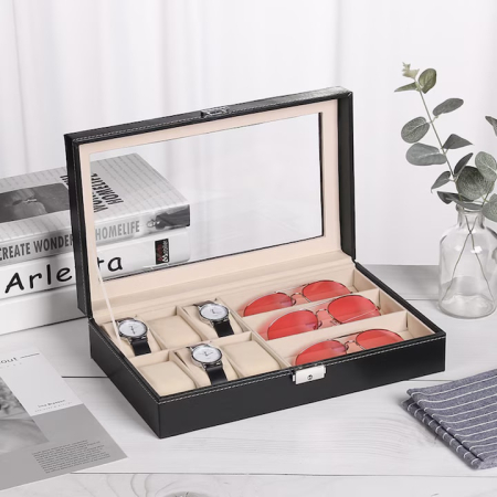 Organizator ceasuri si ochelari VarioShop®, piele ecologica, inchidere cu cheie, interior moale anti-zgarieturi, design elegant, ideal pentru cadou