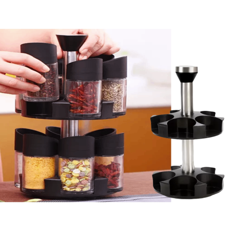 Rafturi si organizatoare bucatarie - Organizator condimente rotativ VarioShop®, 12 recipiente din sticla, suport condimente 360°, dozator cu 3 tipuri de deschidere, pentru sare, zahar si condimente, 32x16 cm