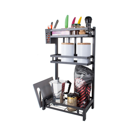 Scurgator vase - Organizator de bucatarie cu 3 niveluri VarioShop®, raft multifunctional metalic pentru condimente, tacamuri, cutite si ustensile, design modern, accesorii detasabile, structura rezistenta, 60 x 21 cm,