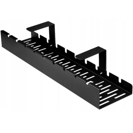 Organizator de cabluri suspendat VarioShop®, raft metalic pentru gestionarea cablurilor sub birou, cu montaj pe blat si design cu ventilatie, 50 cm, Negru