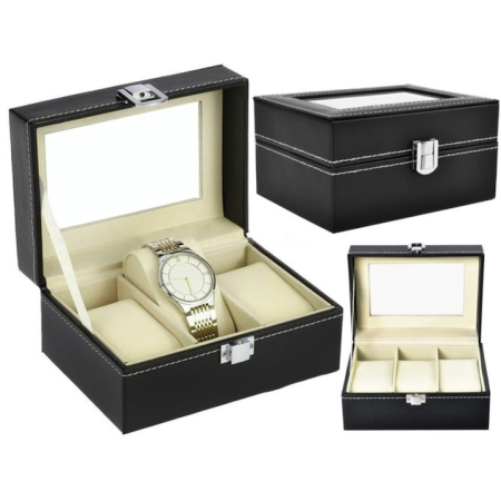 Organizator de ceasuri VarioShop®, cutie eleganta cu 3 compartimente, piele ecologica neagra, interior moale anti-zgarieturi